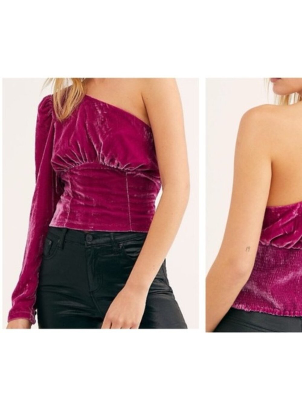 Free People Fuchsia Pink Velvet One Sleeve Shirt Top Small